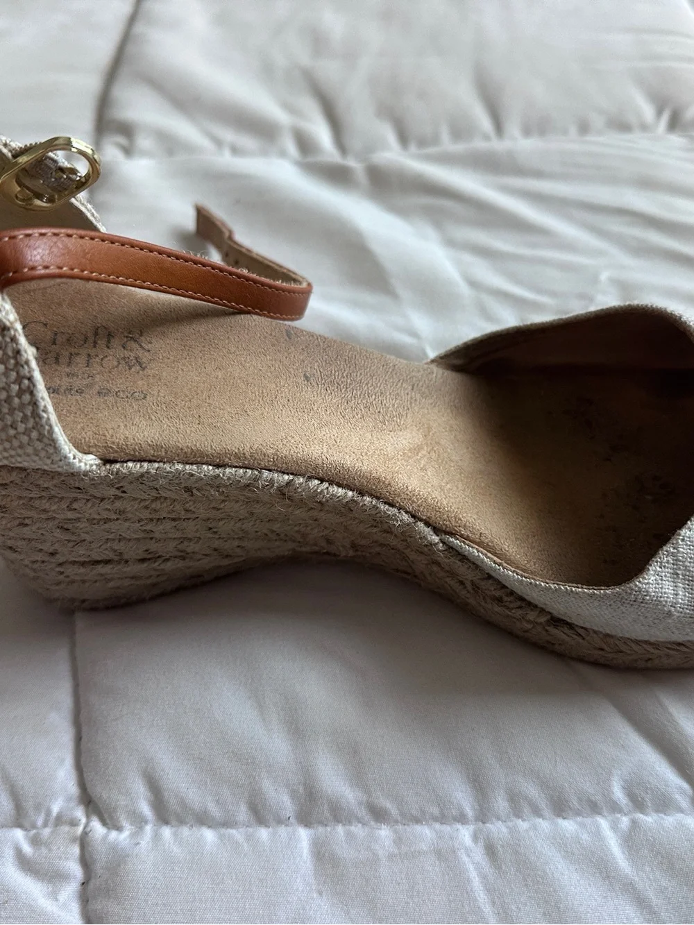Croft & Barrow Women’s Beige Brown Linen Ankle Strap Wedge Open Toe 9M